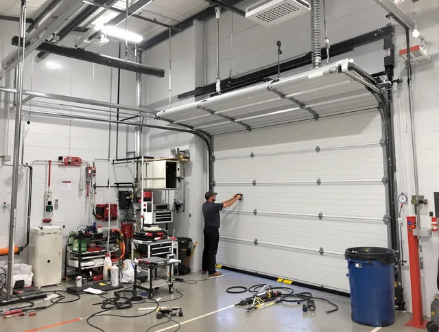 Rockland Garage Door Repair certified technician performing commercial door repair at a Rockland business facility