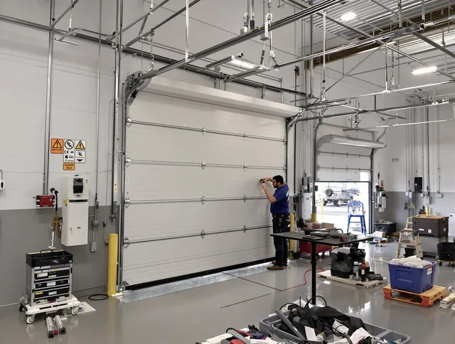 Commercial garage door repair being performed by Rockland Garage Door Repair expert in Rockland
