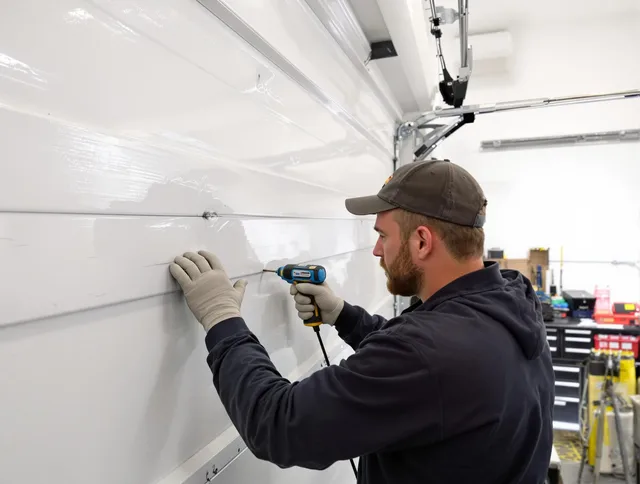 Rockland Garage Door Repair technician demonstrating precision dent removal techniques on a Rockland garage door