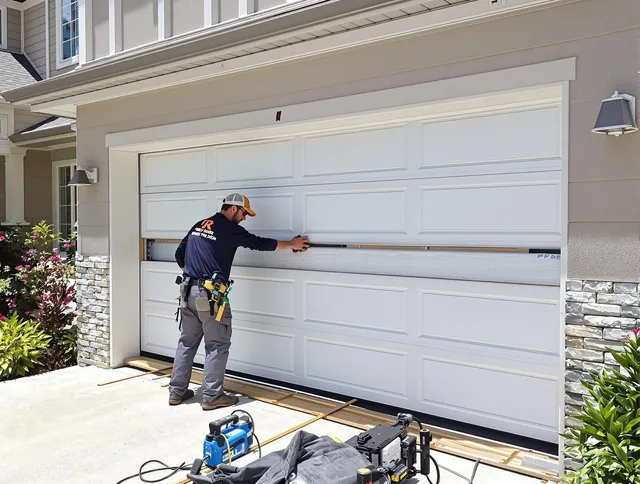 Rockland Garage Door Repair team performing complete garage door replacement at Rockland residence