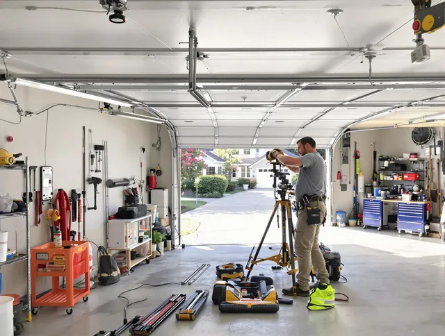 Rockland Garage Door Repair specialist performing laser-guided track alignment in Rockland